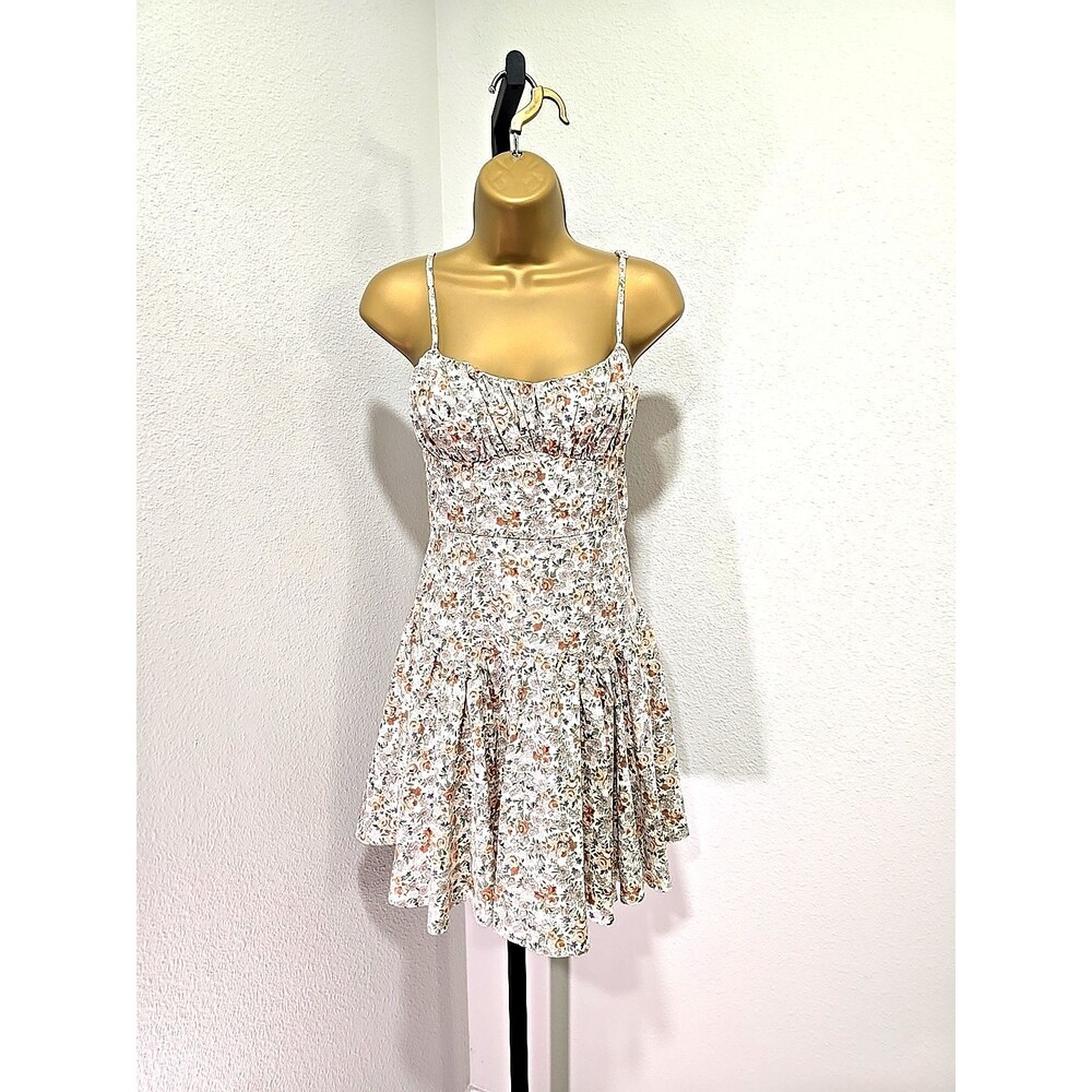 NWT Babydoll Ruched Cream Floral Sleeveless Dress Womens Small Y2K Cottage Fairy